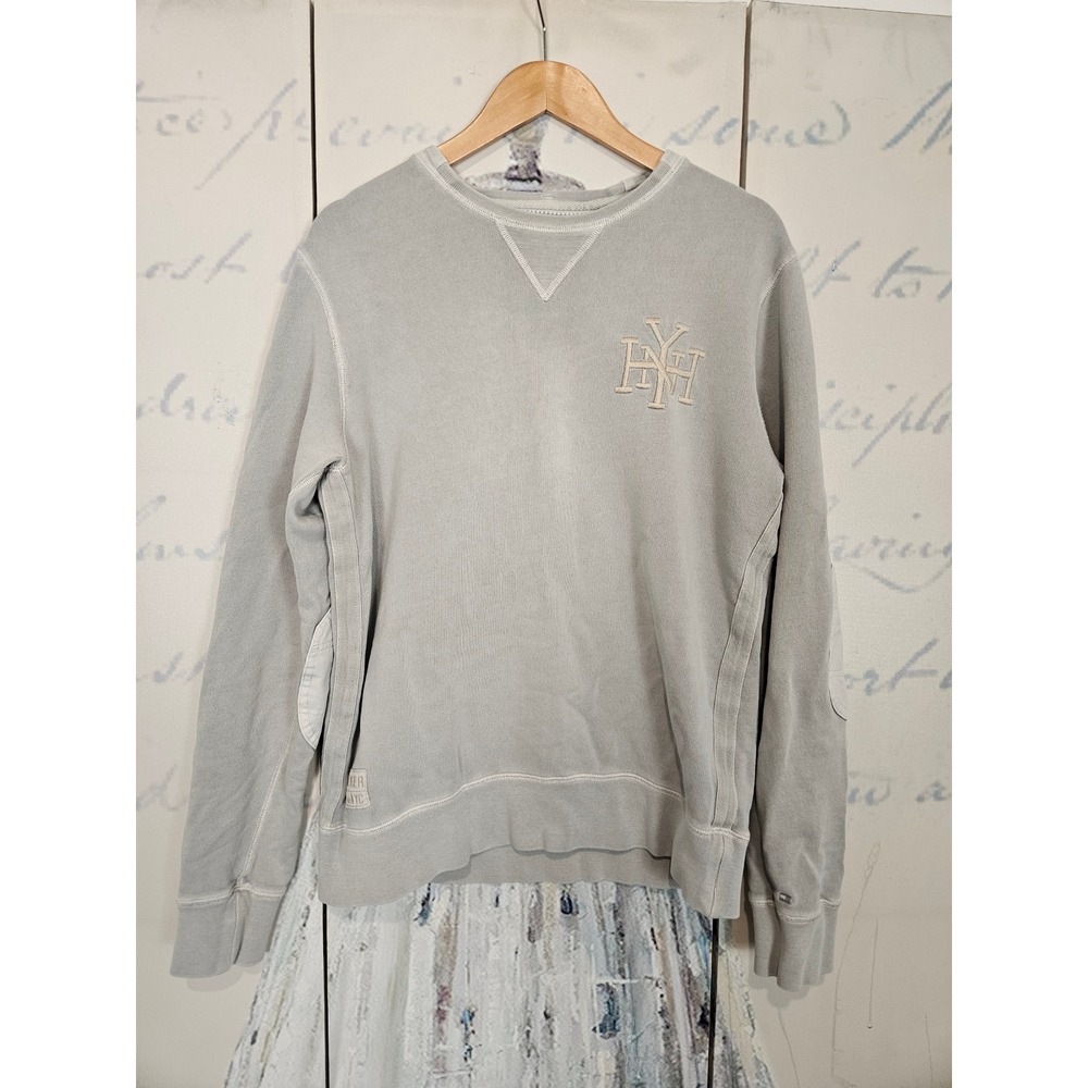 Tommy Hilfiger Sweatshirt Large Gray Elbow Patches Embroidered NYC Logo Pullover